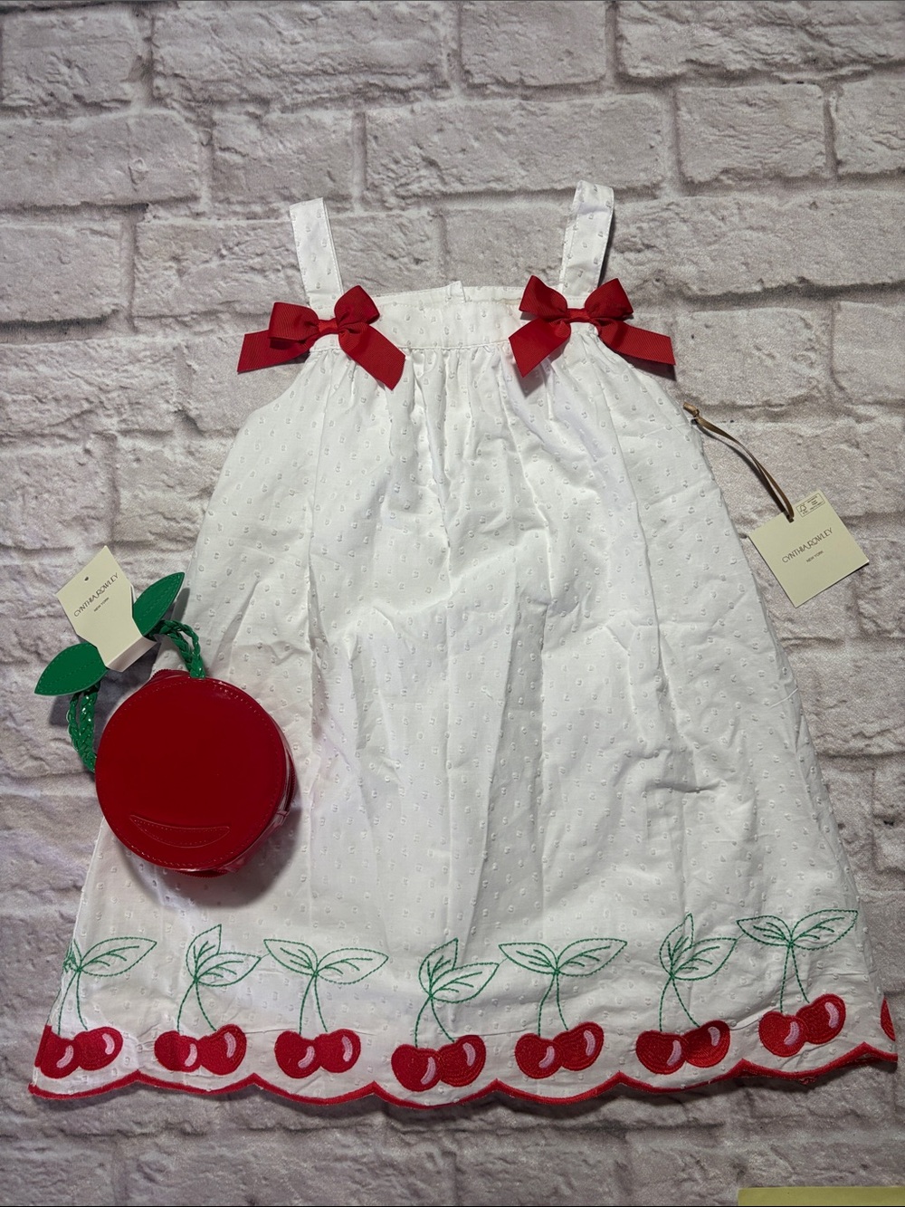 NEW Cynthia Rowley White Kids Dress w/ Embroidered Cherry Accents & purse